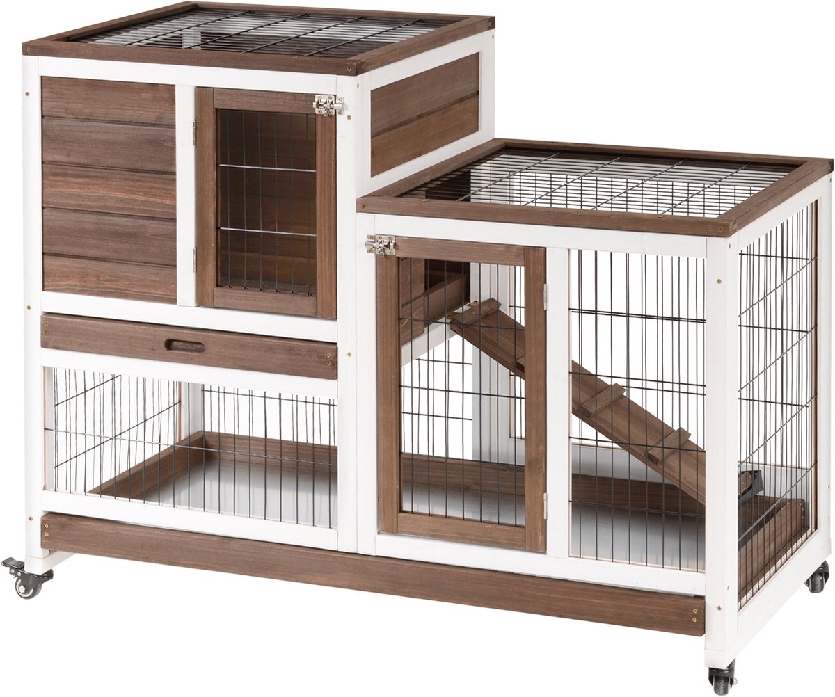 PawHut-konijnenhok-110x50x88cm-hout-bruin, zwart, wit
