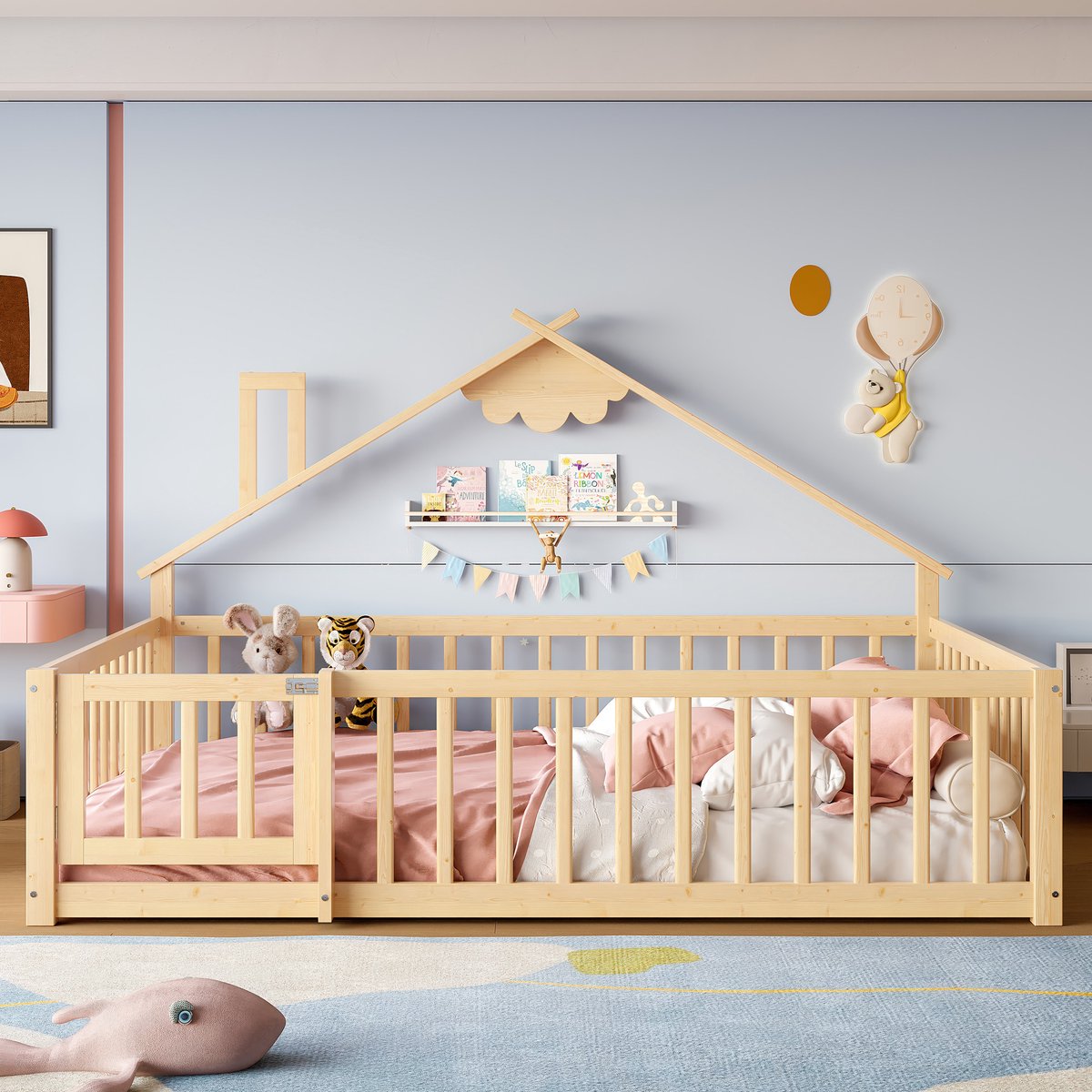 Plat bed - 140x190 cm - wieg - plint - met vergrendelbare leuning - grenen - naturel - zonder matras