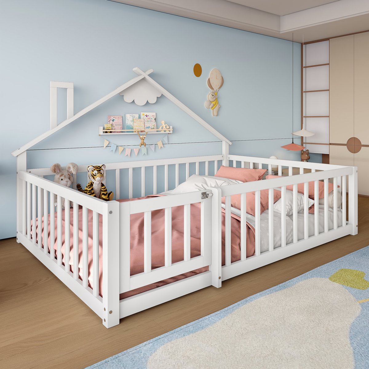 Merax Plat bed - Tweepersoonsbed - 140x190 cm - Wieg - Plint - Afsluitbare leuning - Grenen - Wit - zonder matras