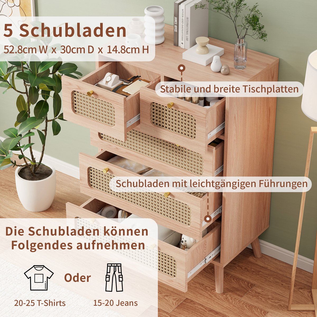 Commode van hout en rotan met 6 lades, multifunctioneel opbergmeubel, ladekast, dressoir, bruin