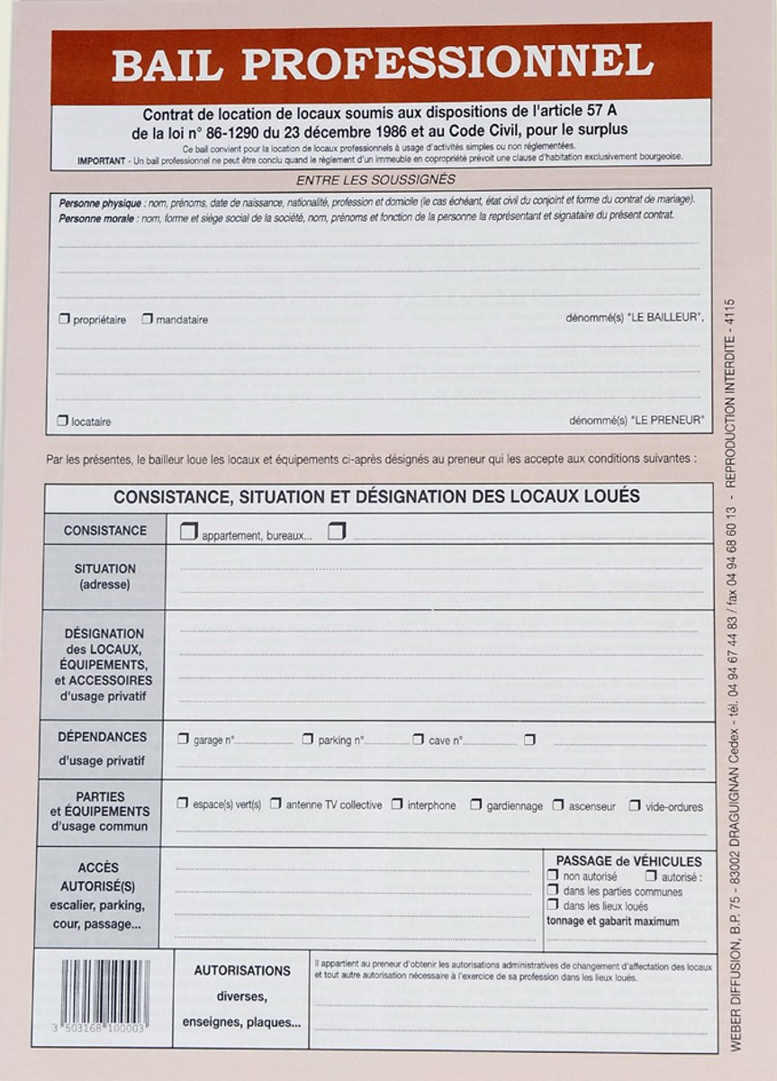 WEBER Formulaire franÃ§ais 'Bail professionnel