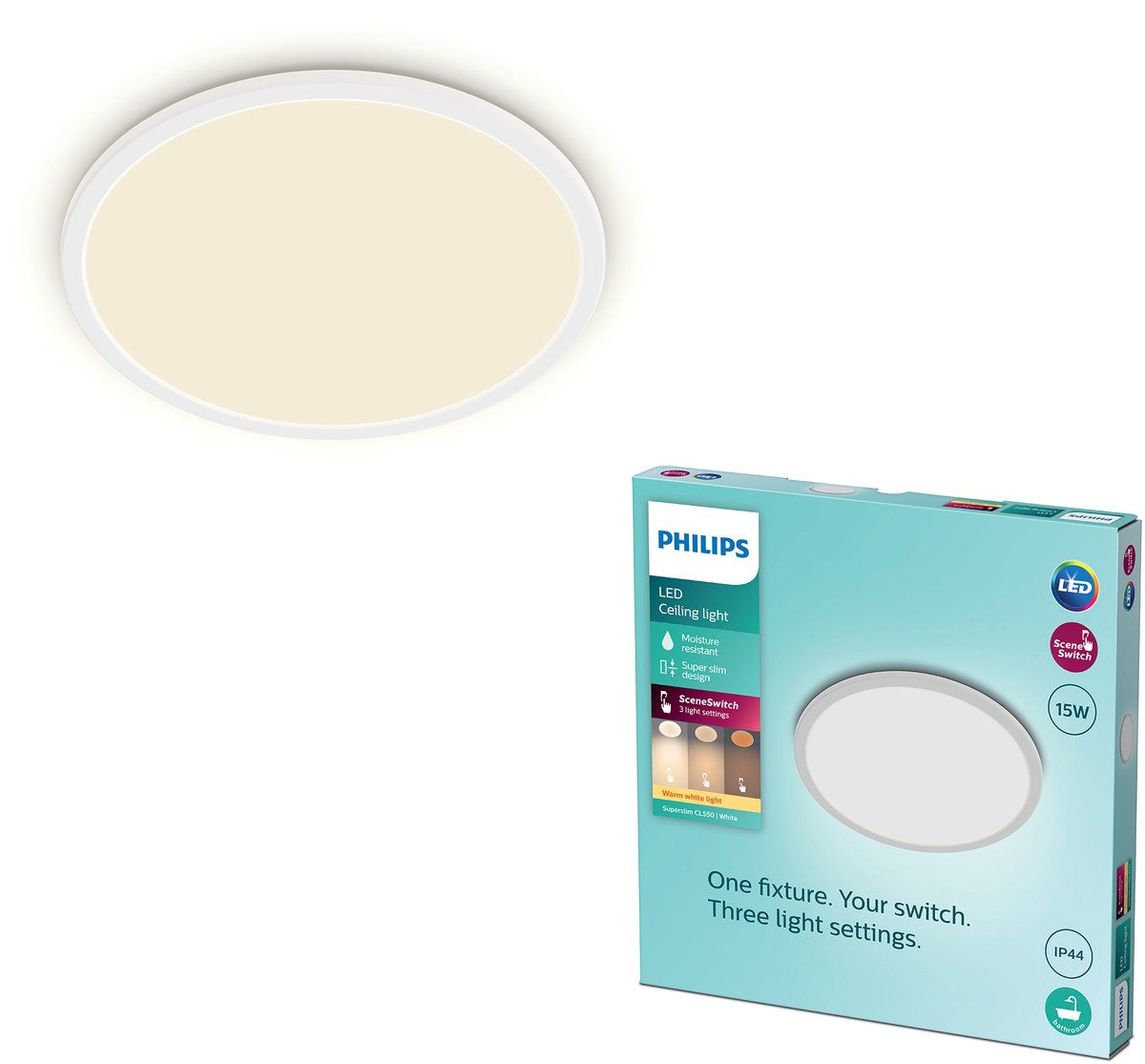 Philips SuperSlim badkamer plafondlamp - wit - rond - 15 W