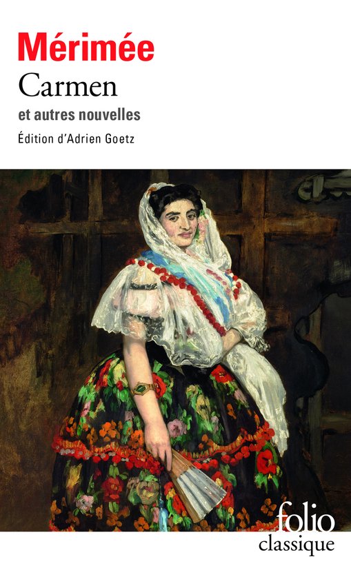 Illustration colorée de Carmen, drapée dans une écharpe blanche et une robe à fleurs. Elle tient un éventail.