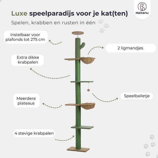 Hoge groene krabpaal met cactusvormige bovenkant, verstelbaar tot 275 cm, met 2 mandjes, speelballetje en meerdere plateaus.