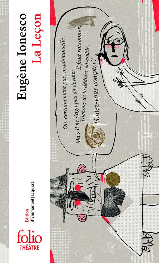 Boekomslag van "La Leçon" door Eugène Ionesco, met illustraties van twee personages en tekstballonnen.