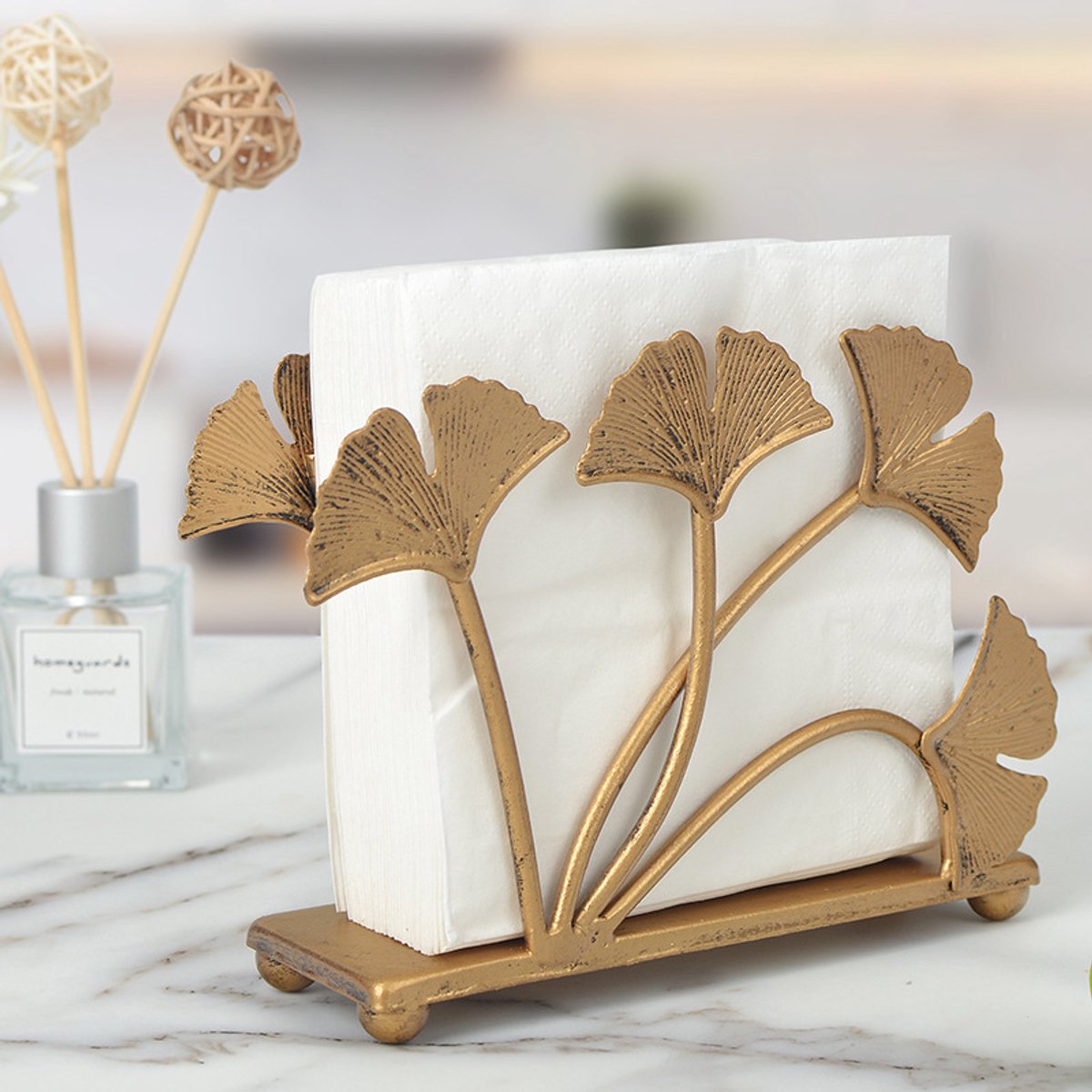 Moderne servethouder met ginkgobladeren voor op tafel, metalen opberger voor papieren servetten voor in de keuken, stijlvolle dispenser voor papieren handdoeken, brievensorteerrek, ordner voor documenten – brons — cadeau in Wonen & Interieur - foto 3