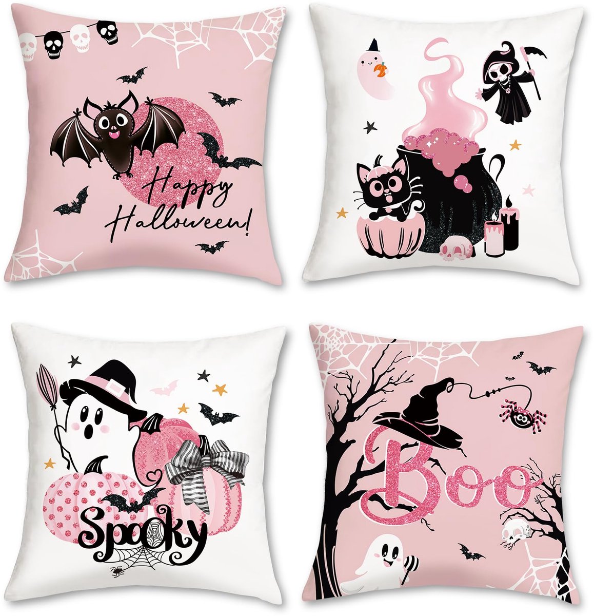 Ibenzoa Decoratieve Halloween Kussenslopen Set van 4 met Pompoen en Spook Ontwerpen in Roze