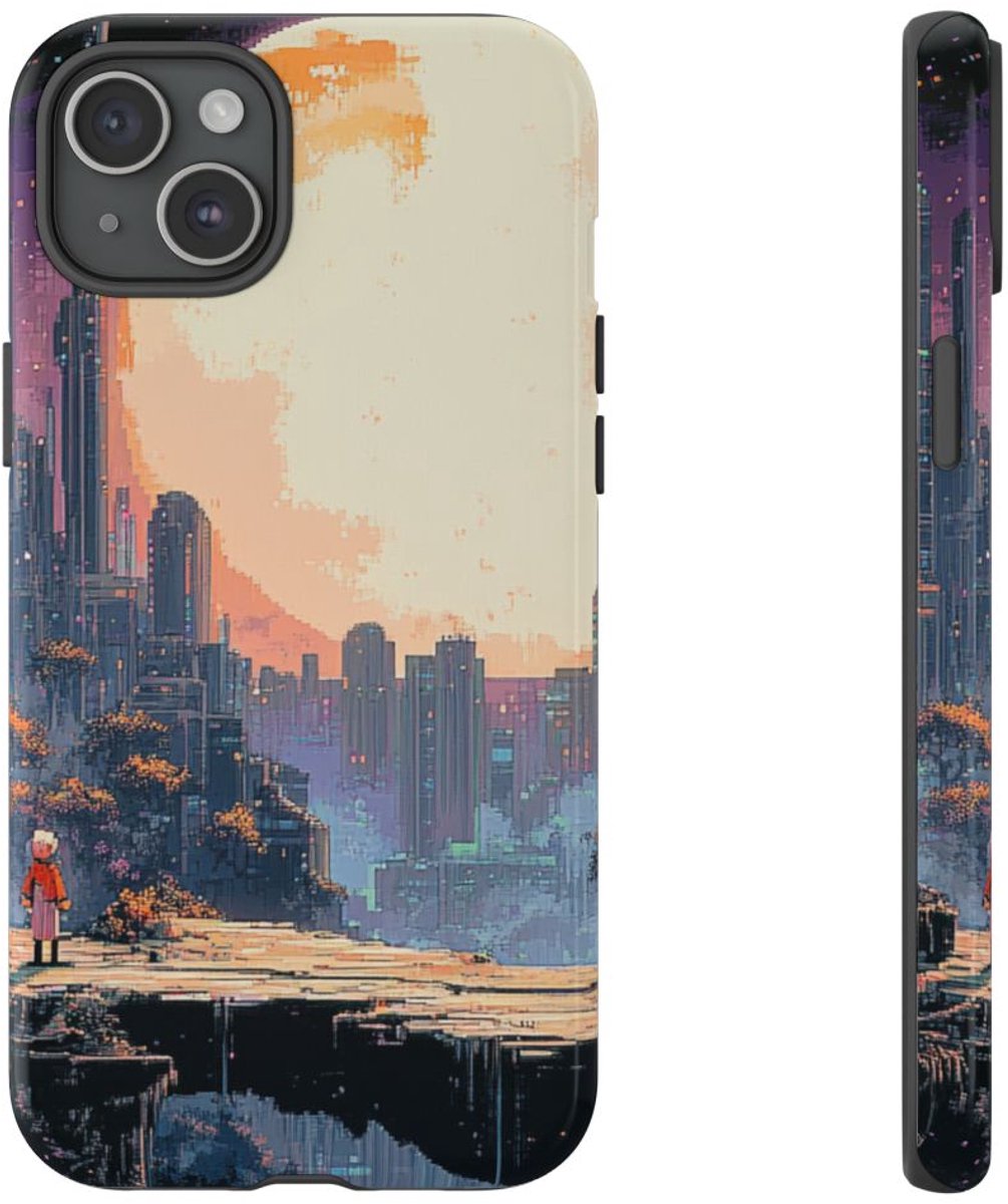 Pixel Art Stadsgezicht met Grote Maan – Telefoonhoesje Geschikt voor iPhone 15 Plus