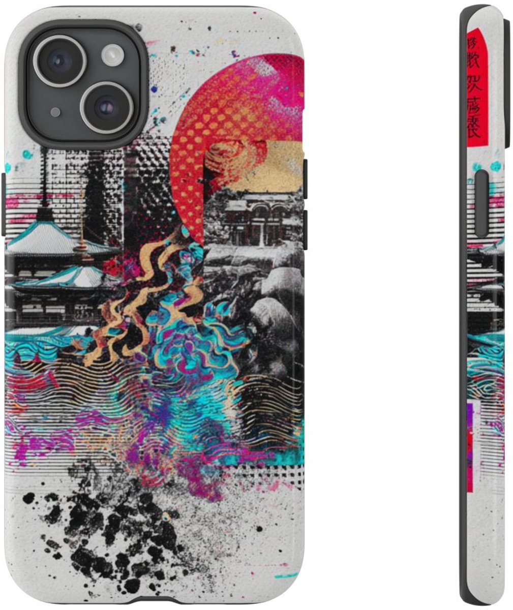 Abstracte Japanse Zen Tuin Collage – Telefoonhoesje Geschikt voor iPhone 15 Plus