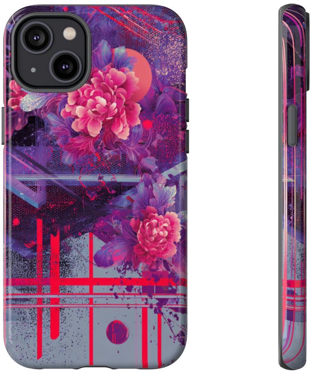 Abstracte Neonbloemen en Geometrie – Telefoonhoesje Geschikt voor iPhone 14 Plus