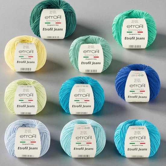 Set de 10 pelotes de Fil à crocheter Jeans - Blauw - Vert - Jaune - Etrofil - Paquet de 10 Jeans de 50 g - 160 mètres par pelote - Crochet - Amigurumi