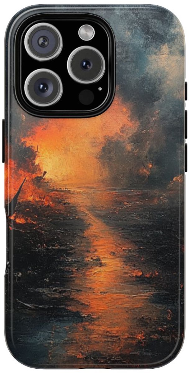 Vurige Oorlogslandschap met Rook – Telefoonhoesje Geschikt voor iPhone 16 Pro