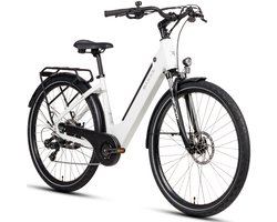 SAXXX E-Bike Stadsfiets 28 Inch - Actieradius tot 90 km - 468Wh Uitneembare Accu - 95% Voorgemonteerd - 250W Motor - ZOOM Mechanische Schijfremmen - Aluminium Frame - Shimano 7 Versnellingen - Wit