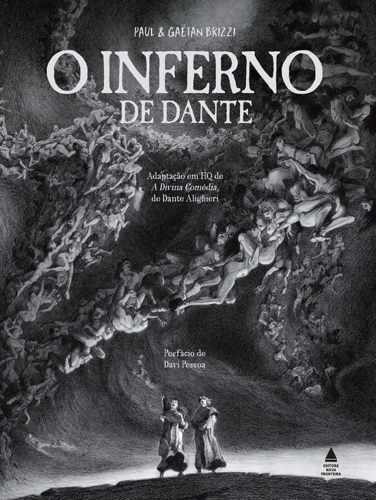 Zwart-wit graphic novel cover 'O Inferno de Dante' met duistere, etsachtige tekening van figuren in een afgrond.