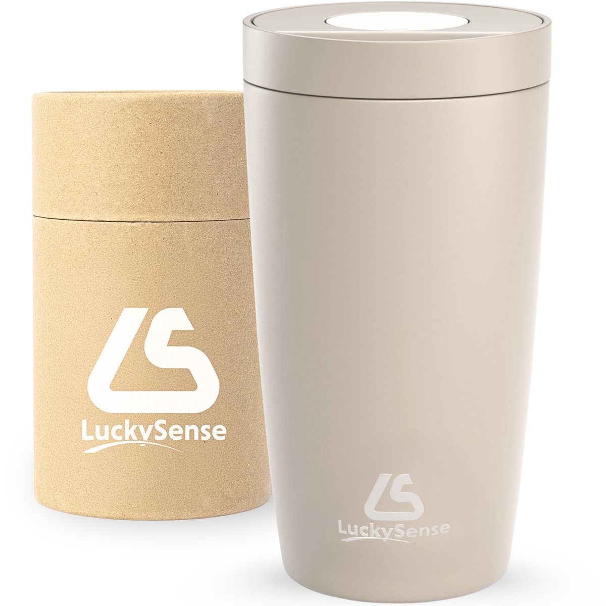 LuckySense® Thermosbeker – 380 ml - Koffiebeker to go - Travel Mug - Theebeker - Dubbelwandig - Koffietas - Drukknop - RVS - Taupe