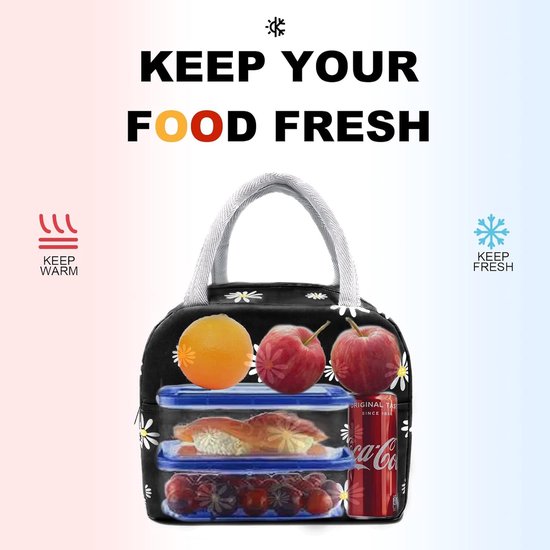 Geïsoleerde lunchtas voor dames, herbruikbare, schattige lunchbox voor volwassenen en mannen, lekvrije koeltas voor op het werk, op kantoor, op reis of op een picknick (zwart met witte margriet) van Merkloos — afbeelding 3