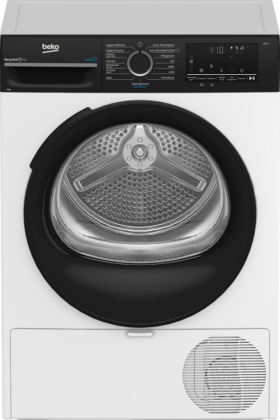 Beko BM3T49249W, Vrijstaand, Voorbelading, Warmtepomp, Zwart, Wit, Knoppen, Draaiknop, Zwart, Transparant