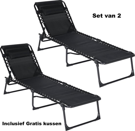 Set van 2 opvouwbare Ligbedden - Inclusief Hoofdkussen - Zonnebed - Ligstoel - Inklapbaar en Verstelbaar - Weerbestendig - Zwart