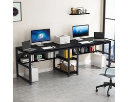 SureDeal® - Dubbel Bureau 200×60×75 cm (L×B×H) – Hout/Staal – Zwart – Voor 2 Personen – Met Boekenplank & Opbergruimte – Industrieel Werkstation Home Office