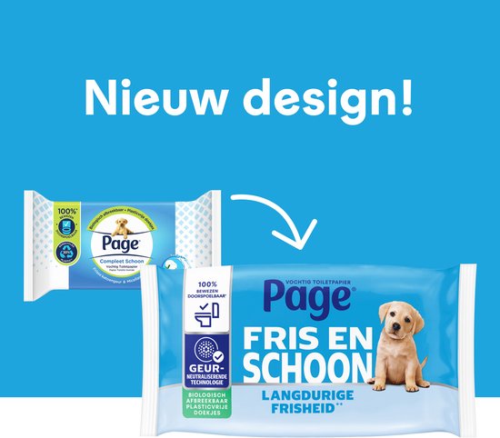 Nieuw design! Page vochtig toiletpapier Fris en Schoon met Labrador puppy. Eén pak met oude verpakking en één met nieuwe.