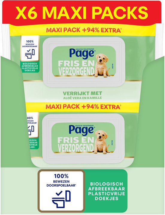 Page® vochtig toiletpapier - Fris en Verzorgend (Aloë Vera) Maxi - met Aloë Vera en Kamille - 444 velletjes - 6 x 74 stuks