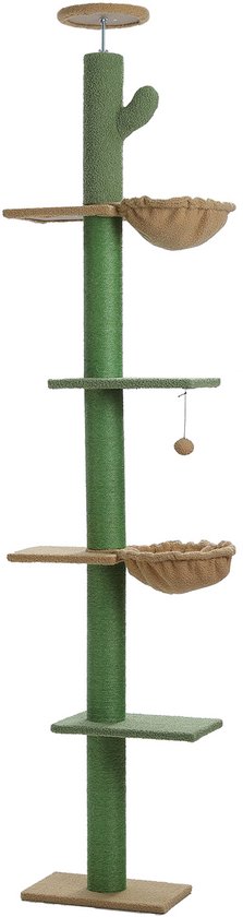 Groene kattenkrabpaal met 3 plateaus, 2 mandjes en een speelbal. Op een witte achtergrond.
