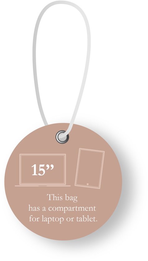 Etiket met tekst '15" This bag has a compartment for laptop or tablet'.