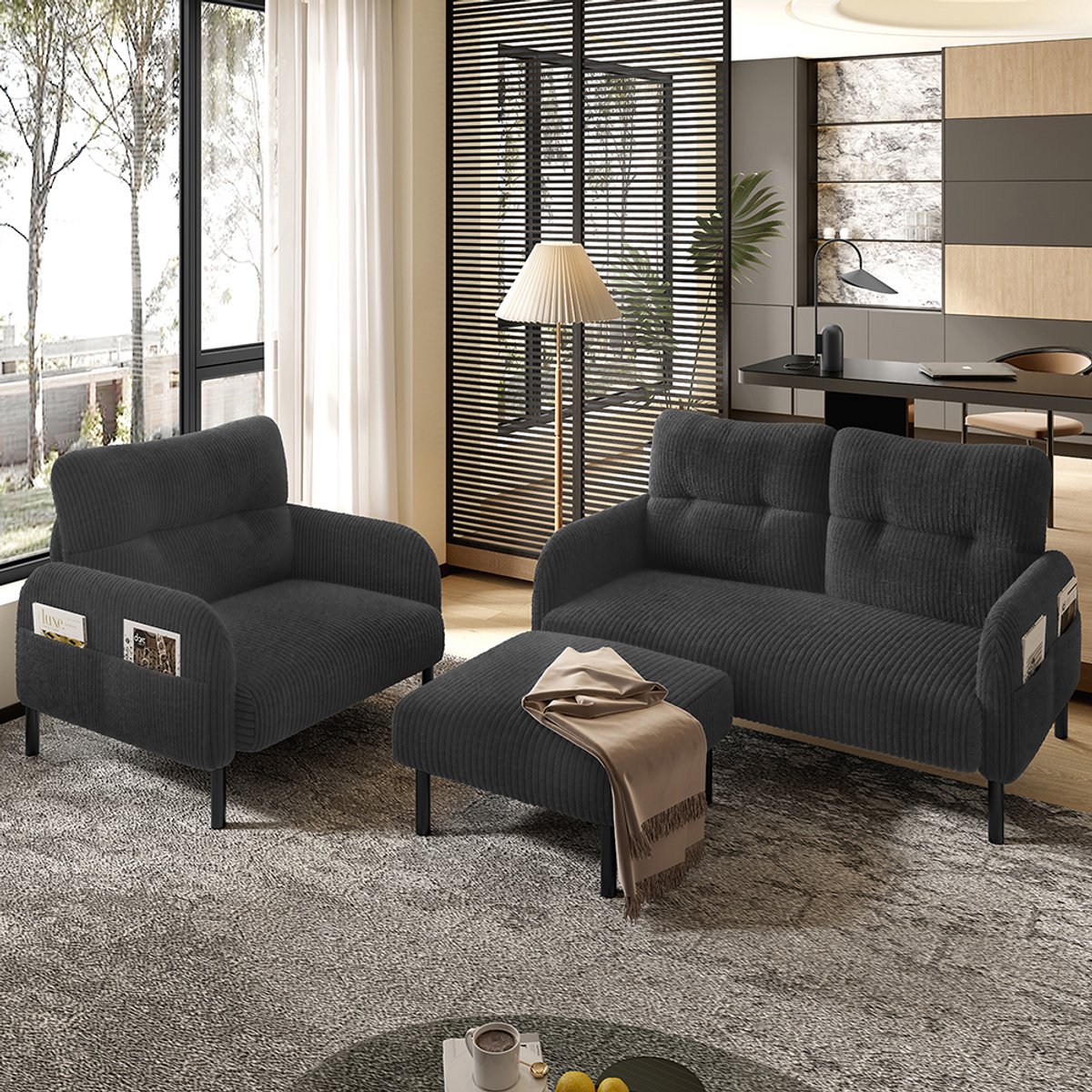 Komhtom 3-delige set Cord: fauteuil + poef + 2-zitsbank met zijvakken Frame van stalen buizen en extra zachte rugleuning Diepe zitting voor maximaal comfort Modulair en combineerbaar voor de woonkamergrijs