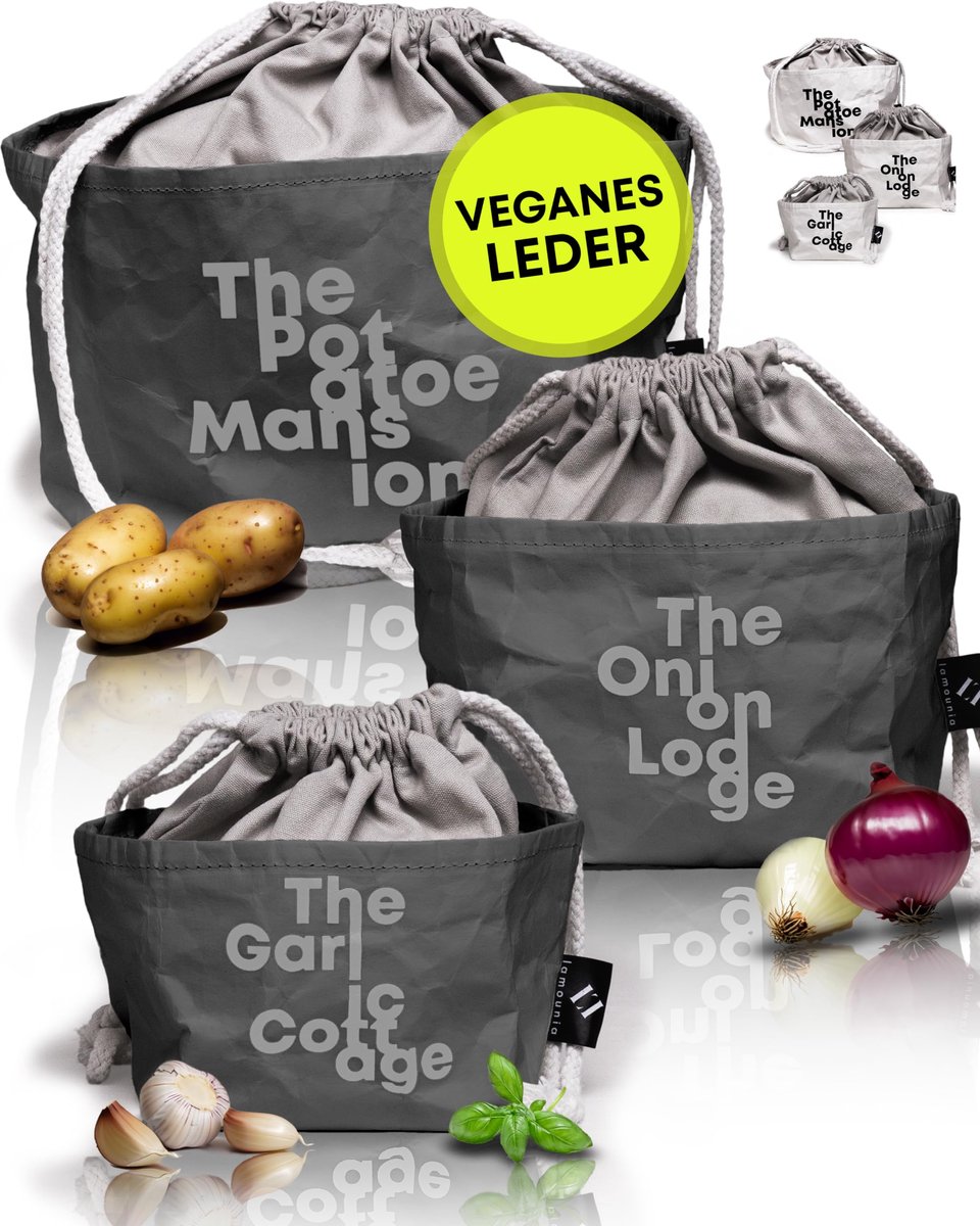 lamounia - Duurzame Boho-tassen van veganistisch leer als aardappelopbergdozen in een set van 3 - Stoffen opbergdoos - Vintage mand - Uien- en knoflookpot - Uniek - Grijs