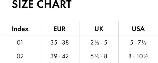 Maattabel voor kousenvoetjes: Index 01 (EUR 35-38, UK 2.5-5, USA 5-7.5), Index 02 (EUR 39-42, UK 5.5-8, USA 8-10.5).