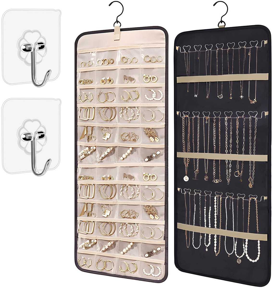 Hangende sieradenorganizer - dubbelzijdige sieradenopberger met metalen haken, hangende sieradenrol, hangende sieradenorganizer met 39 vakken en 3 golfvormige metalen haken en kettingen (zwart)