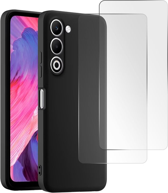 Casemania Hoesje + Glas Geschikt voor Oppo A5 5G / A5M - Zwart - Siliconen Back Cover en 2x Tempered Glazen Screenprotector