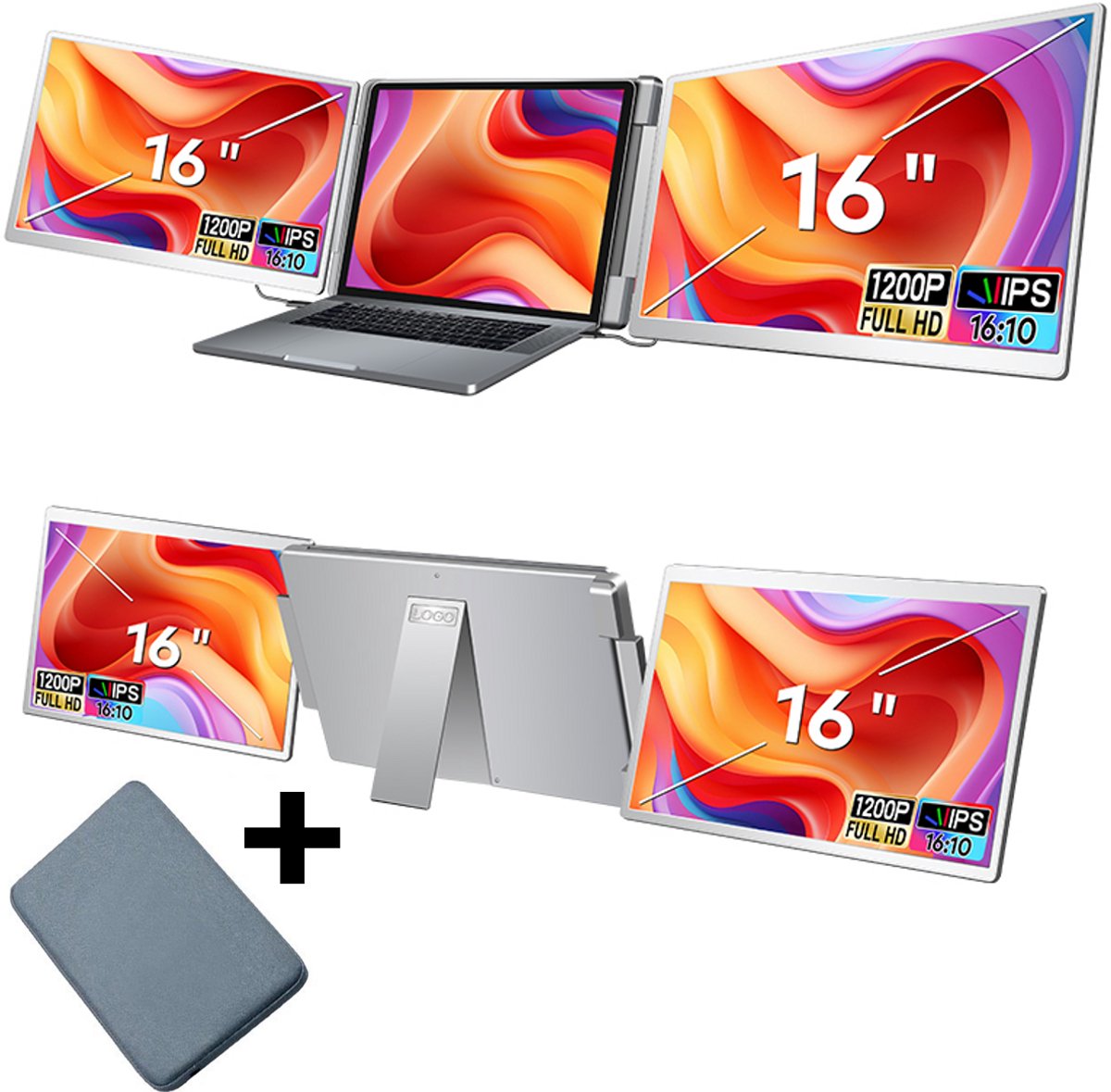 Stemap® Flex Portable Monitor Triple 16'' - Full HD 1920X1200P - Geschikt Voor 12” / 18.5” Tri-Screen - Laptop Scherm Uitbreider - Inclusief Beschermhoes en Kabels - 2 Jaar Garantie