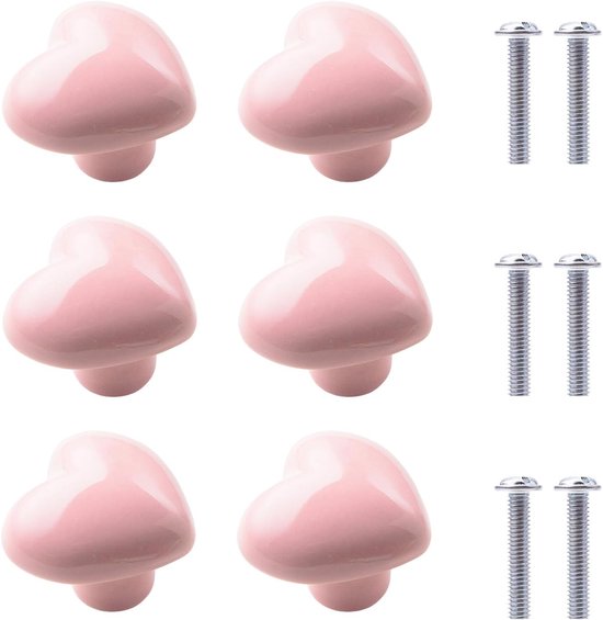 6 pièces - Poignée d'armoire - Poignées de tiroir - Poignées d'armoire en céramique - Poignée en céramique - en forme de cœur - avec vis - accessoires de meubles - pour tiroirs, armoires et meubles de cuisine - 4*3,6*3,1 cm - rose