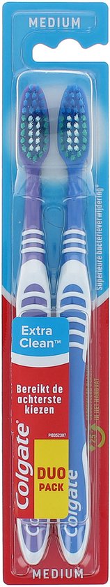 Colgate Extra Clean duo pack, 2 brosses à dents medium bleues et violettes avec détails blancs.