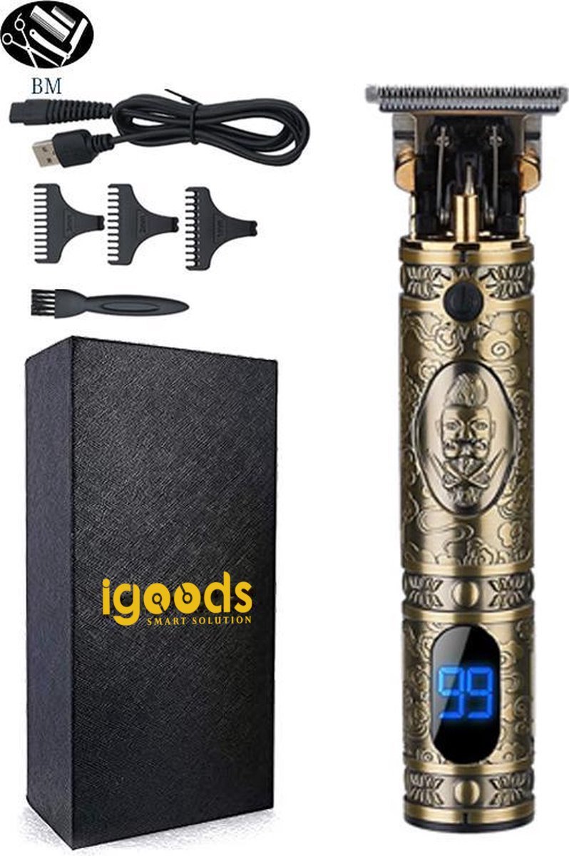 Igoods Tondeuse - Luxe Tondeuse met Display - Professionele Trimmer - Groomer - Scheerapparaat - Baardtrimmer - Draadloos - USB Opladen - Inclusief 3 opzetkammen – Goud