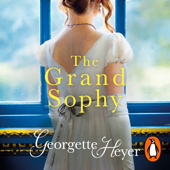 Boekhoes van 'The Grand Sophy' met een vrouw in een witte jurk, kijkend naar een blauw raam.