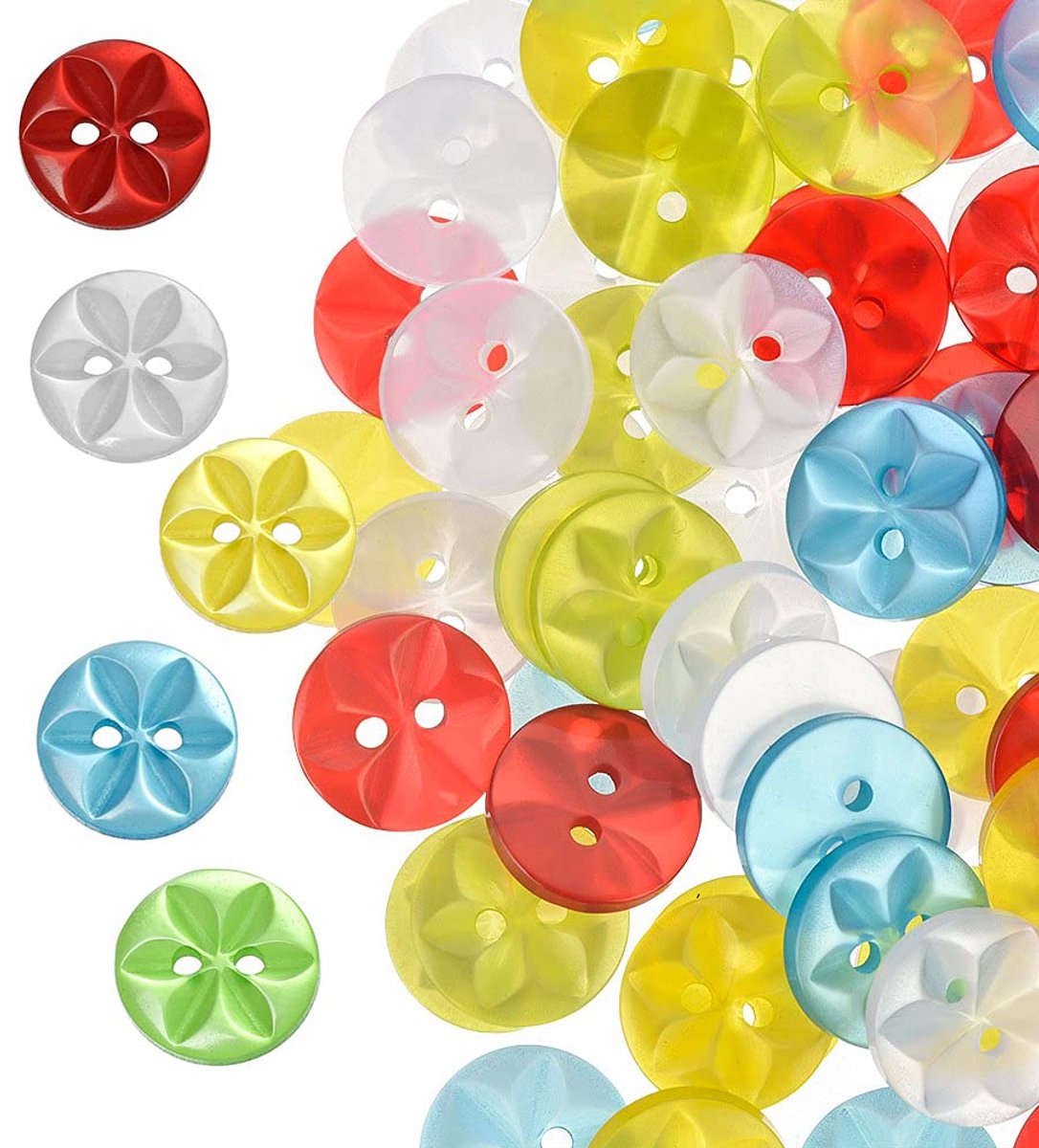 SyiXute 100 stuks kleurrijke knopen, kinderknopen, babykleding, kinderknopen, ronde plastic knopen, gemengde kleuren, 2 gaten voor DIY handgemaakte breisels, naaien, knutselen en decoreren, 14 mm, 5 kleuren