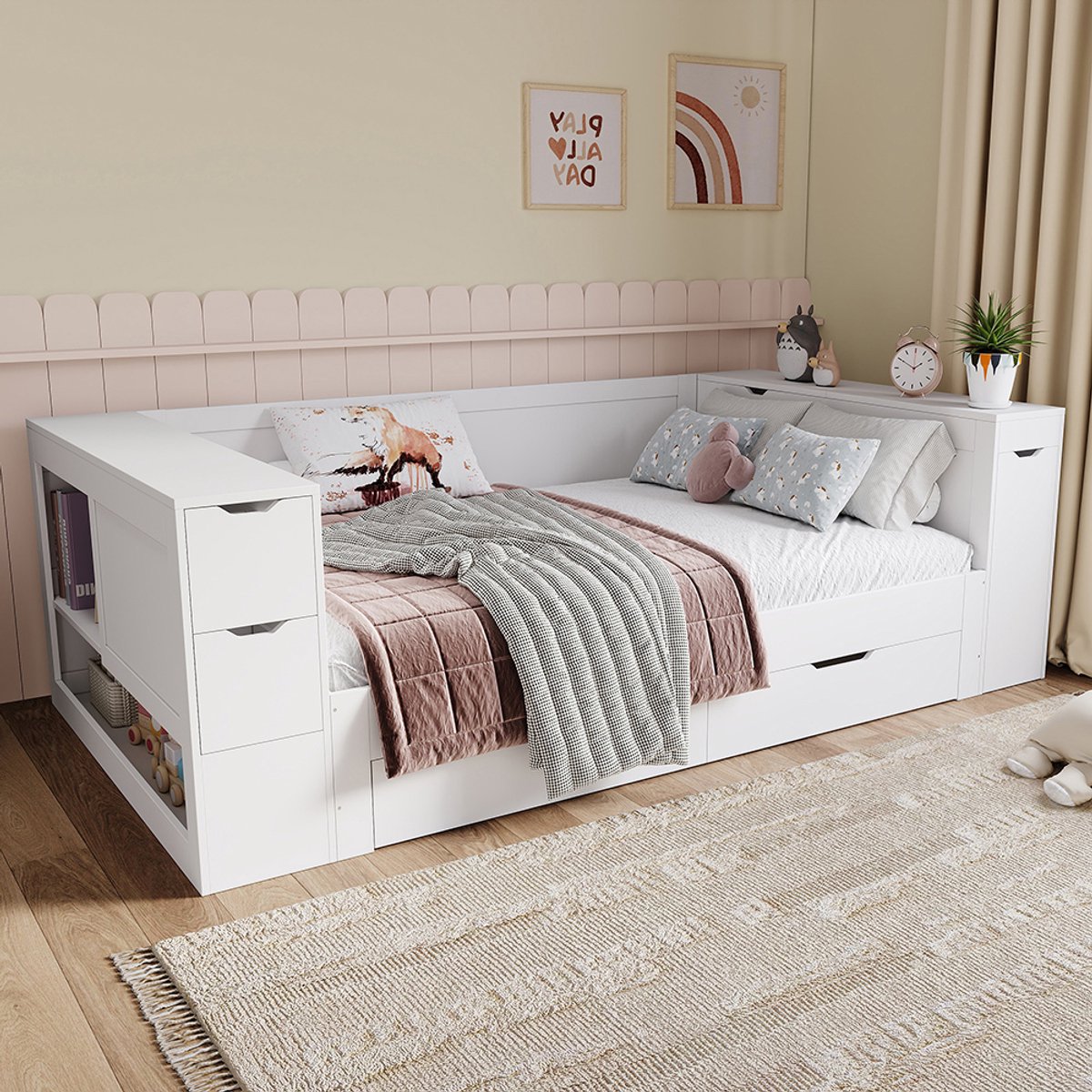 Pugsdrly Houten bed, kinderbed, bed met opbergruimte 140x200 cm, dagbed, multifunctioneel bed met lades, planken en opbergkasten, met nachtkastjes, geschikt voor tieners, zonder matras, wit