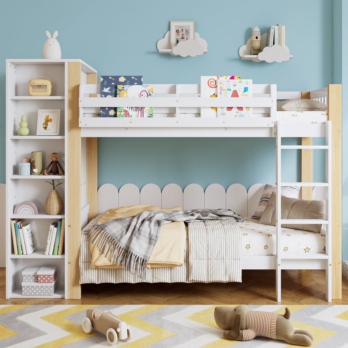 Pugsdrly Stapelbed, kinderbed met valbeveiliging en spijlen, met ladder met 4 treden, 6 open planken, kast aan de zijkant, veel opbergruimte, grenen + PB, wit + naturel, 90 x 200 cm