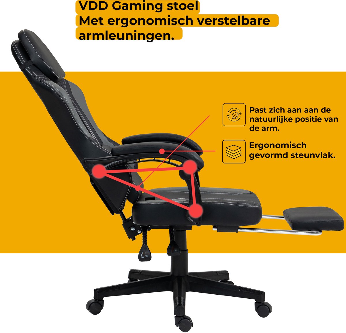 VDD Gamingstoel met Massagefunctie en Voetsteun Zwart/Grijs - afbeelding 2