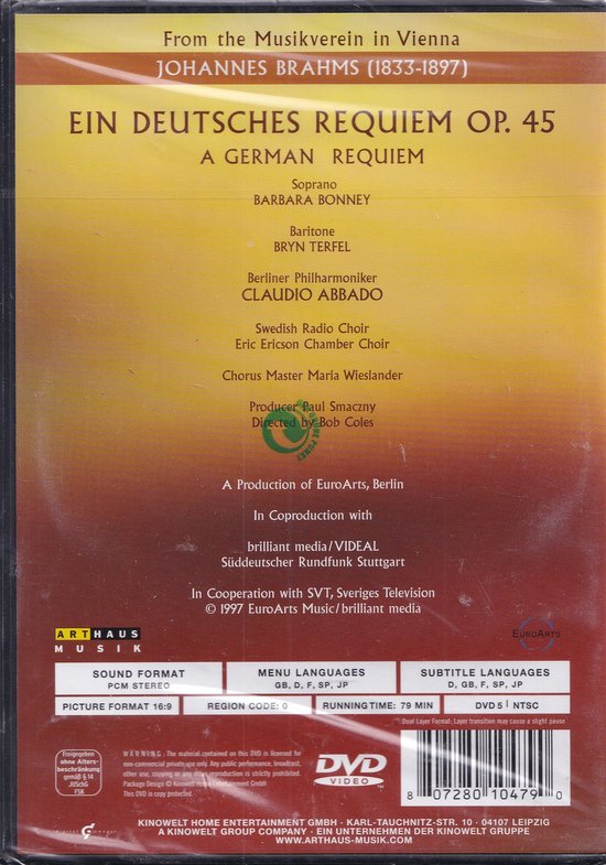 Achterkant van DVD-hoes: Ein Deutsches Requiem Op. 45, met details over de uitvoerders en specificaties.