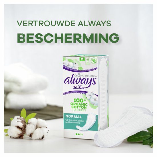 Always Dailies Cotton Protection verpakking met een inlegkruisje en katoenbollen. Tekst: VERTROUWDE ALWAYS BESCHERMING, 100% ORGANIC COTTON TOPSHEET.