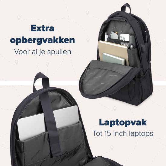 Zwarte rugzak met extra vakken en laptopvak. Tekst: "Extra opbergvakken", "Voor al je spullen", "Laptopvak", "Tot 15 inch laptops".