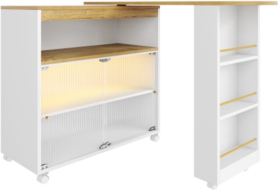 BENMWS Uittrekbare bartafel met opbergruimte, rotan vlechtwerk op de deurfronten, verstelbare planken, statafel, bistrotafel, hoge tafel, keukeneiland, keukentafel, klein, huisbar, 100 x 190 cm