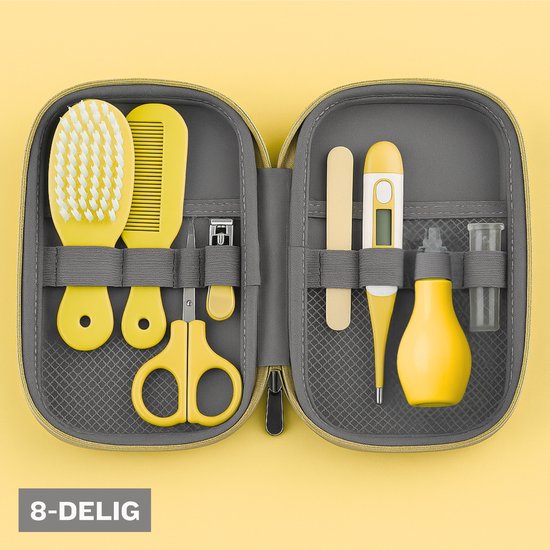 ZoeZo Design - Baby Verzorgingsset - Geel – 8-delige Geschenkset - Baby Verzorgingsproducten – Complete Manicureset & Nagelset – Perfect Kraamcadeau - Verzorgingskit