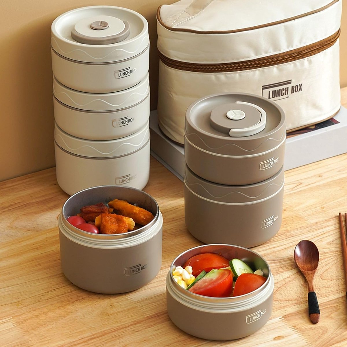 Bento box-rvs lunchbox kind-bentobox rvs-lekvrije en geïsoleerde vacuüm roestvrijstalen lunch-/snackbox met drie lagen van roestvrij staal (met geïsoleerde tas) - Perfect voor het meenemen van eten naar kantoor of een picknick - Wit - 440 ml — cadeau in Koken & Dineren - foto 4