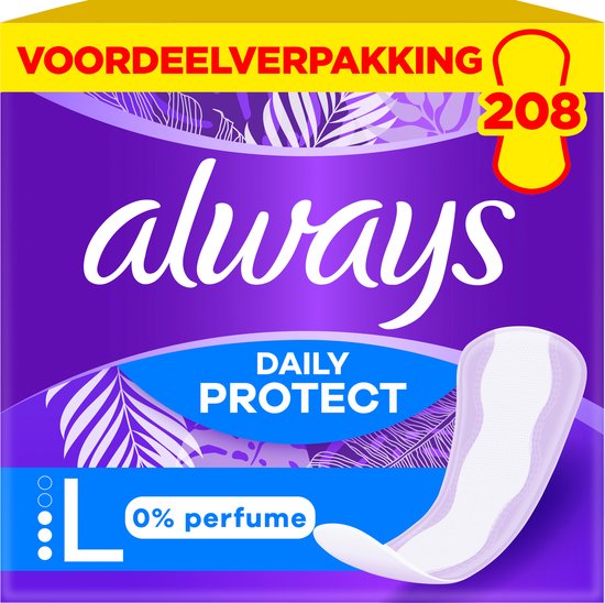 Always Daily Protect Long protège-slips, 0% parfum, 208 pièces en pack économique avec motif de feuilles violettes.