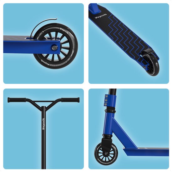 Vier close-ups van blauwe stuntstep: achterwiel met rem, deck met anti-slip, stuur, voorvork.
