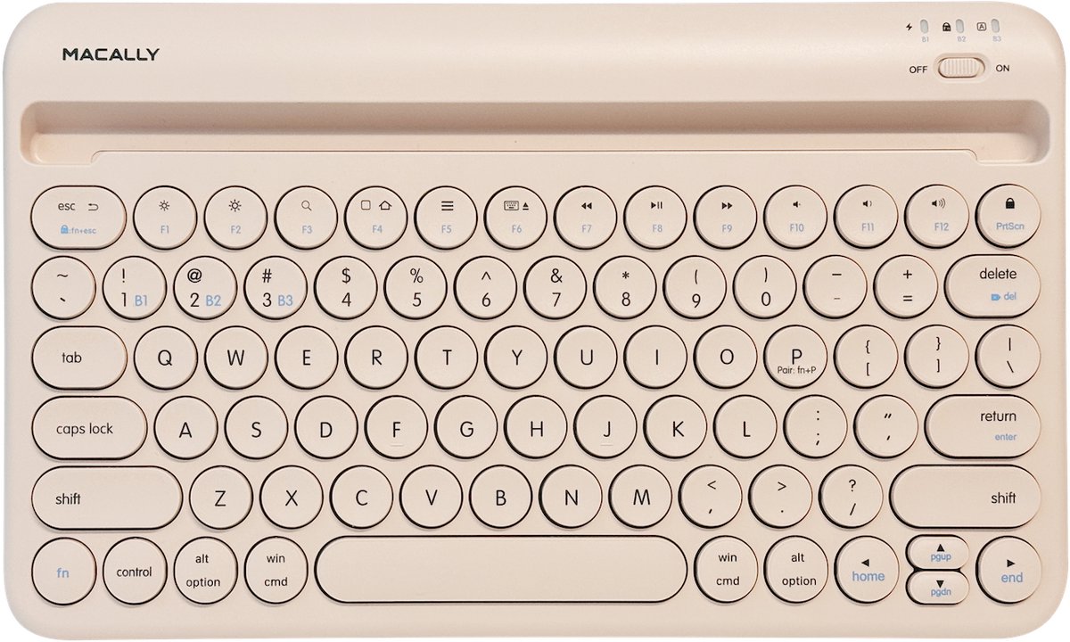 Macally BTTABKEYBATBR compact draadloos bluetooth-toetsenbord met geïntegreerde iPad/tablet-sleuf, oplaadbare batterij en multi device (tot 3 apparaten) ondersteuning - QWERTY - Bruin